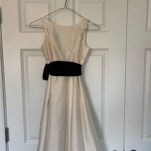 Us Angels Ivory Silk Shantung Dress with Black Sash